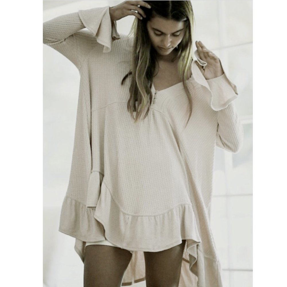 FREE PEOPLE OATMEAL OLIVIA HENLEY WAFFLE TUNIC TOP - Picture 1 of 9
